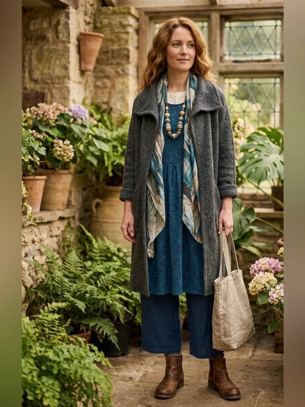 Gudrun Sjoden Organic Cotton Blue Botanical Lagenlook Dress L Pockets Scandiboho - Picture 3 of 12